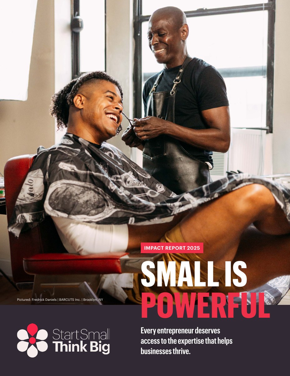Cover of the 2025 Start Small Think Big impact report, featuring a barber smiling with a customer at BARCUTS Inc.